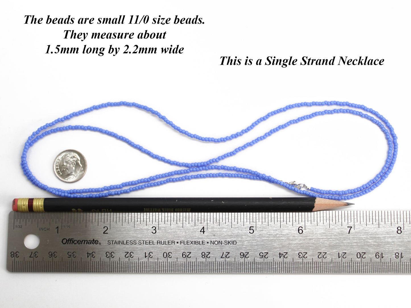 Periwinkle Blue Seed Bead Necklace, Thin 1.5mm Single Strand