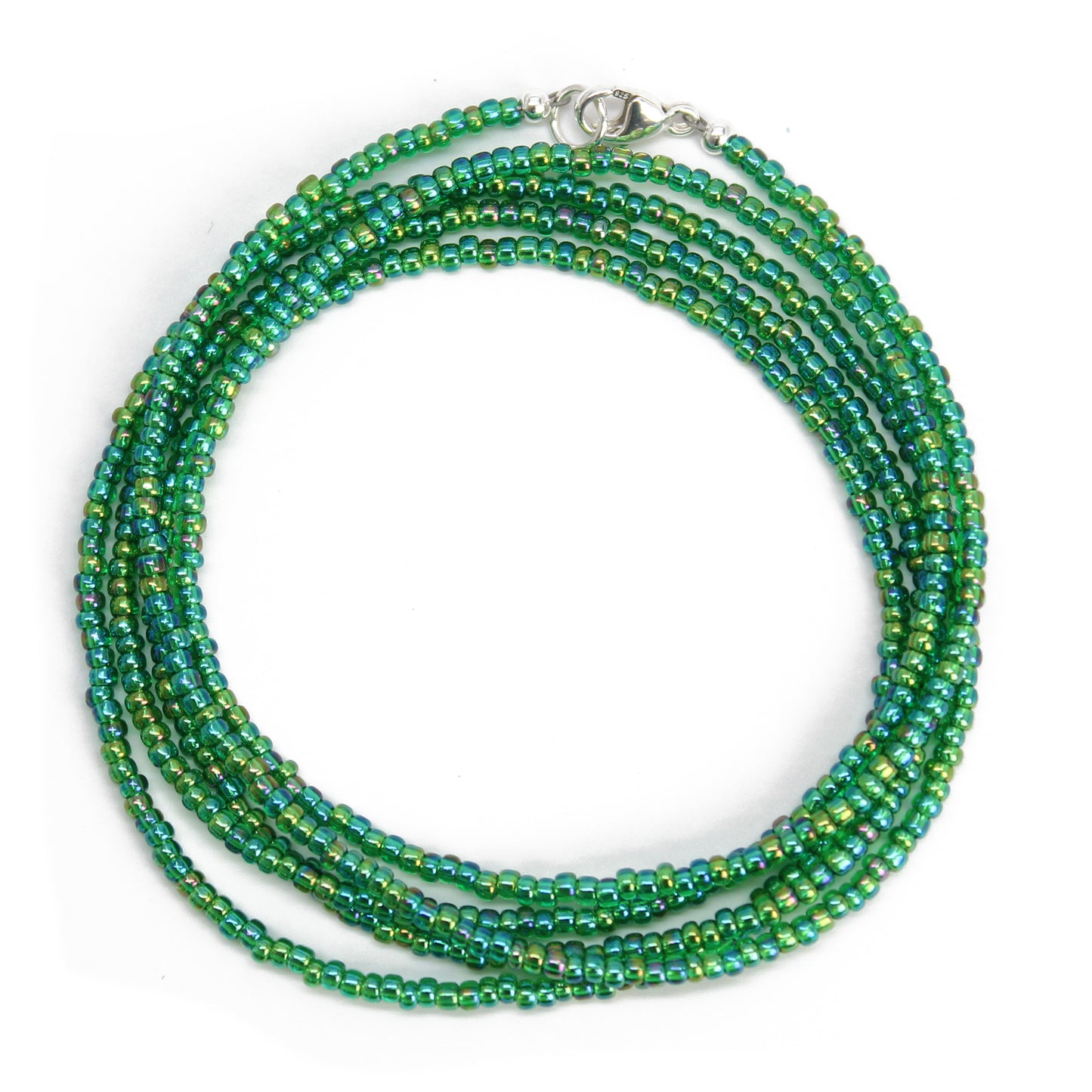 Transparent Rainbow Emerald Green Seed Bead Necklace, Thin 1.5mm Single Strand