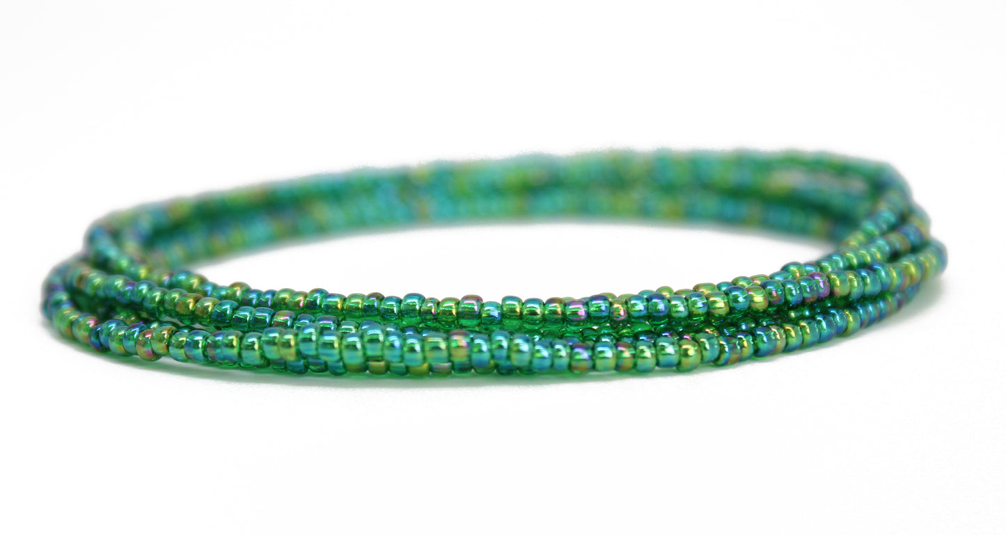 Transparent Rainbow Emerald Green Seed Bead Necklace, Thin 1.5mm Single Strand
