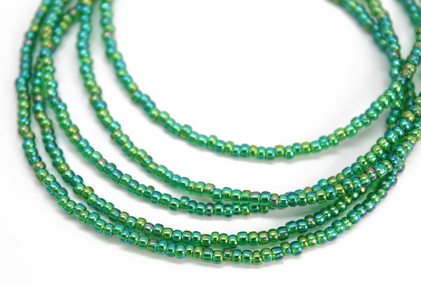 Transparent Rainbow Emerald Green Seed Bead Necklace, Thin 1.5mm Single Strand