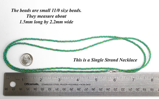 Transparent Rainbow Emerald Green Seed Bead Necklace, Thin 1.5mm Single Strand