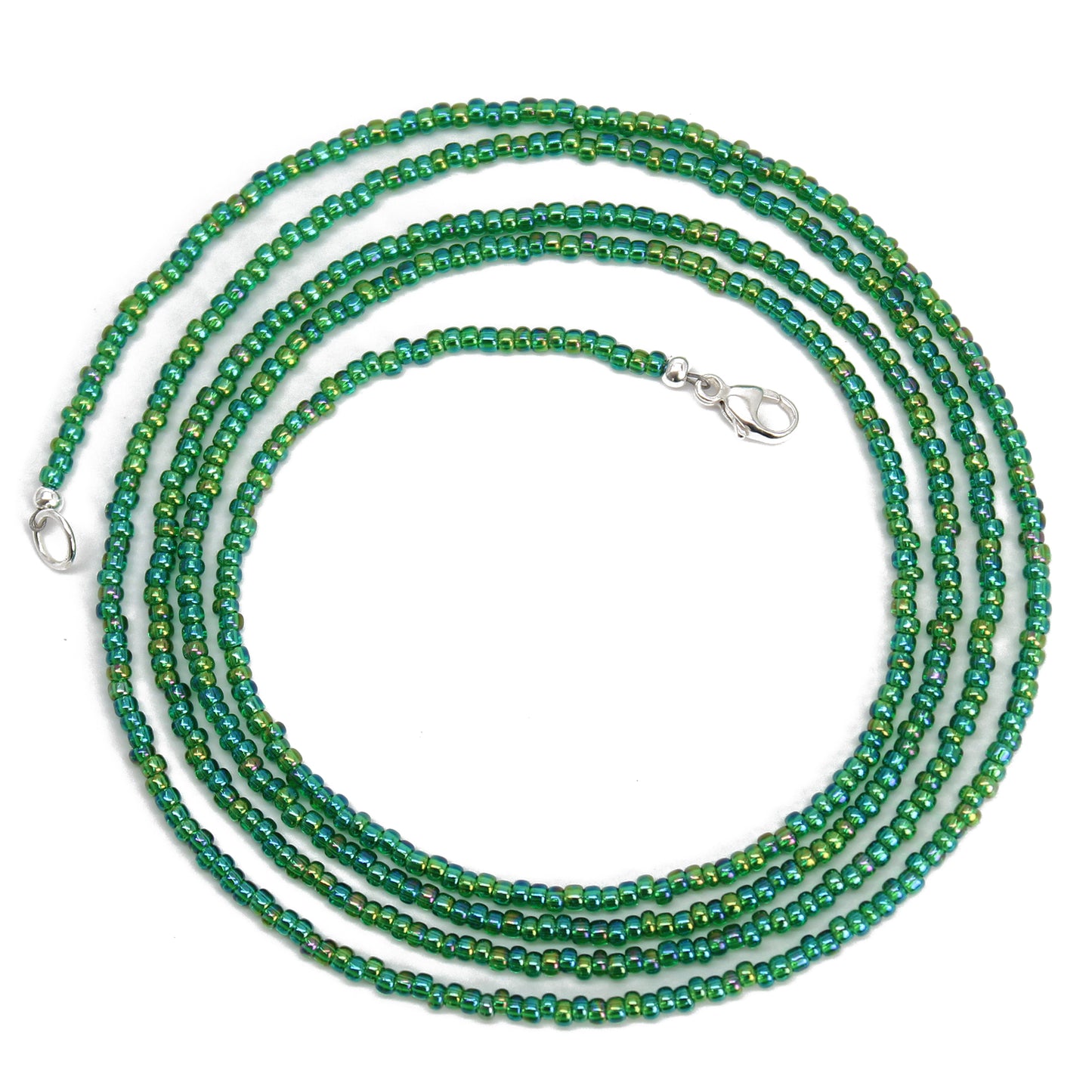 Transparent Rainbow Emerald Green Seed Bead Necklace, Thin 1.5mm Single Strand