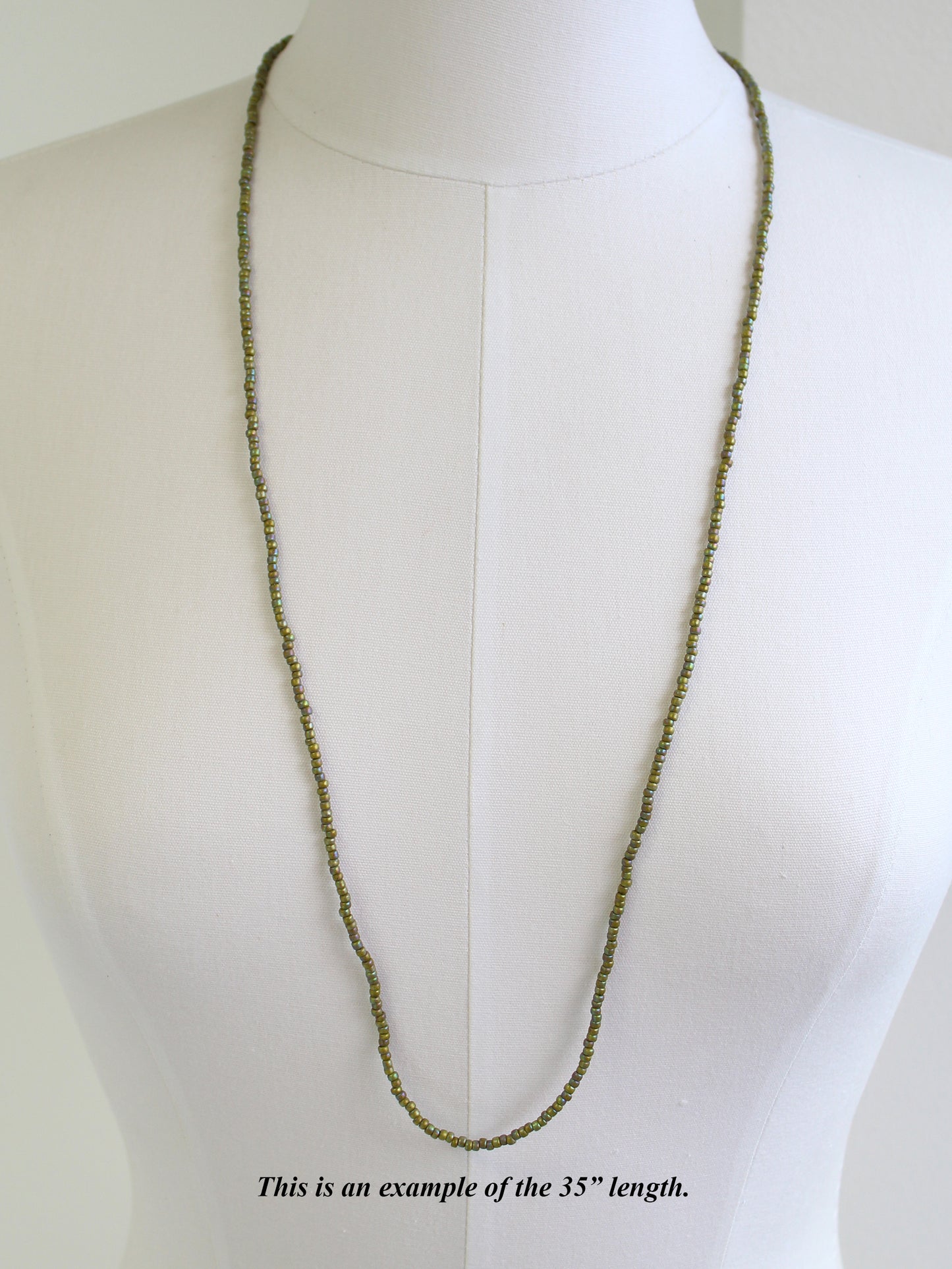 Long Semi Glazed Olive Green Seed Bead Necklace
