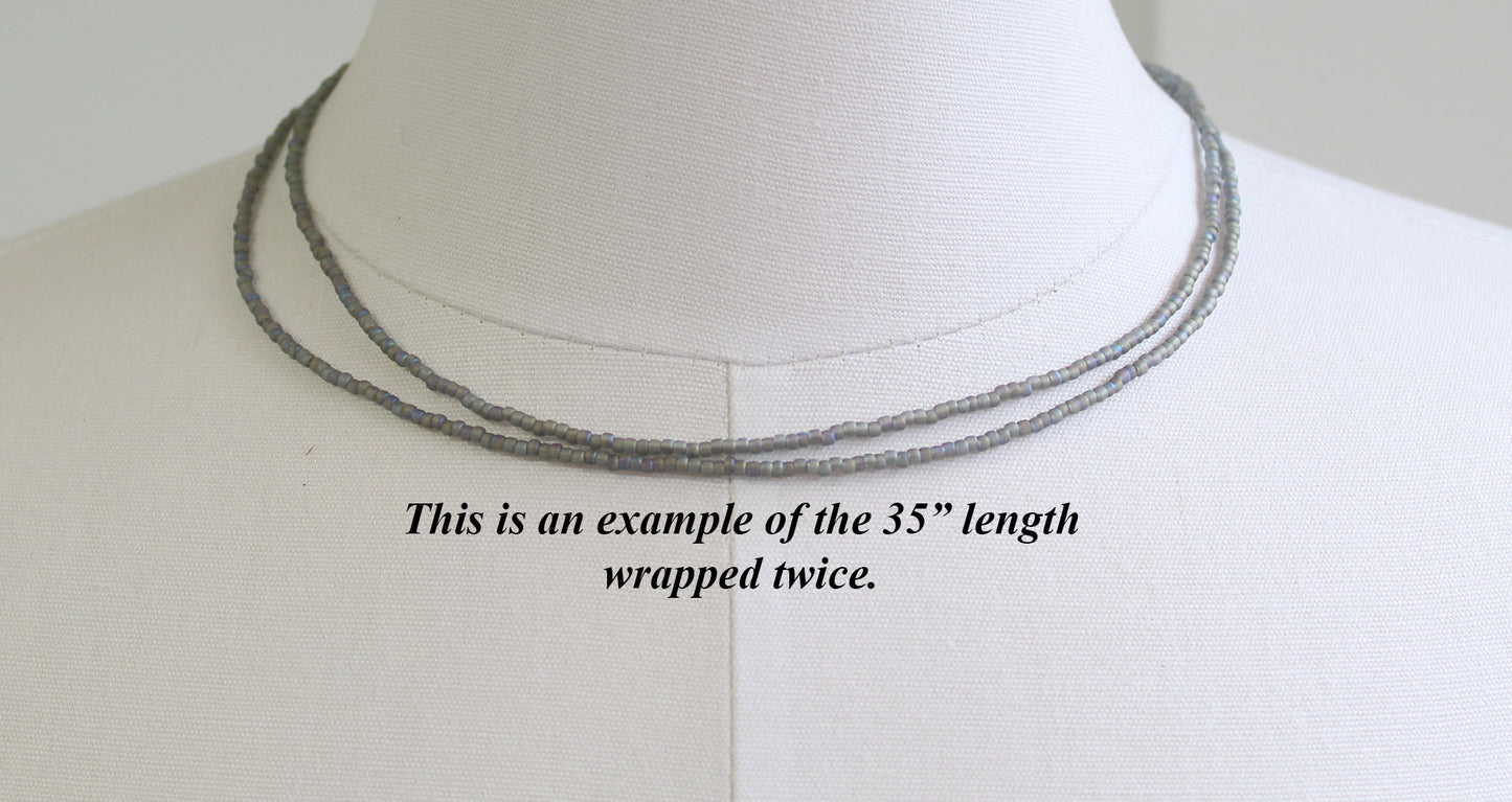 Transparent Rainbow Frosted Grey Seed Bead Necklace, Thin 1.5mm Single Strand