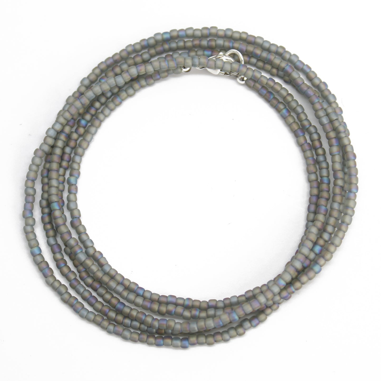 Transparent Rainbow Frosted Grey Seed Bead Necklace, Thin 1.5mm Single Strand