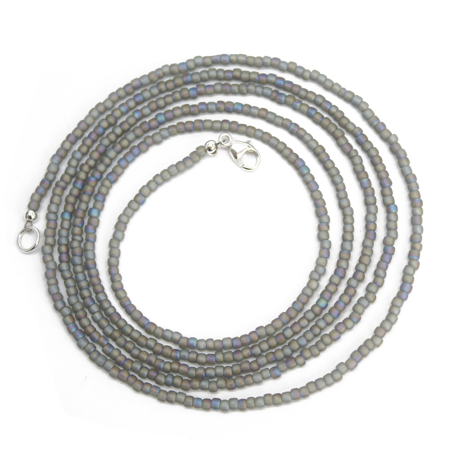 Transparent Rainbow Frosted Grey Seed Bead Necklace, Thin 1.5mm Single Strand