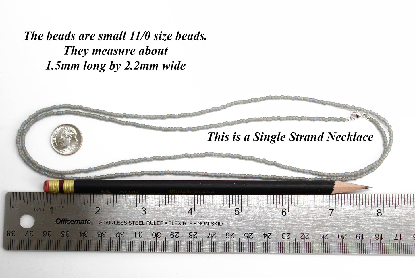 Transparent Rainbow Frosted Grey Seed Bead Necklace, Thin 1.5mm Single Strand