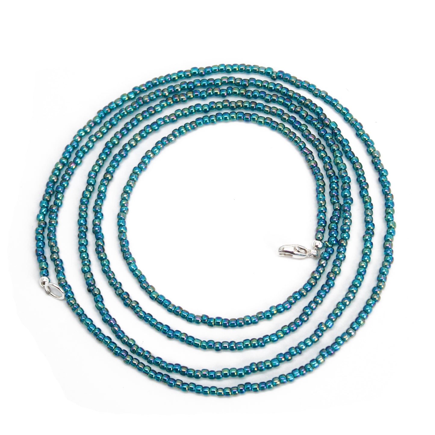 Transparent Rainbow Teal Seed Bead Necklace, Thin 1.5mm Single Strand