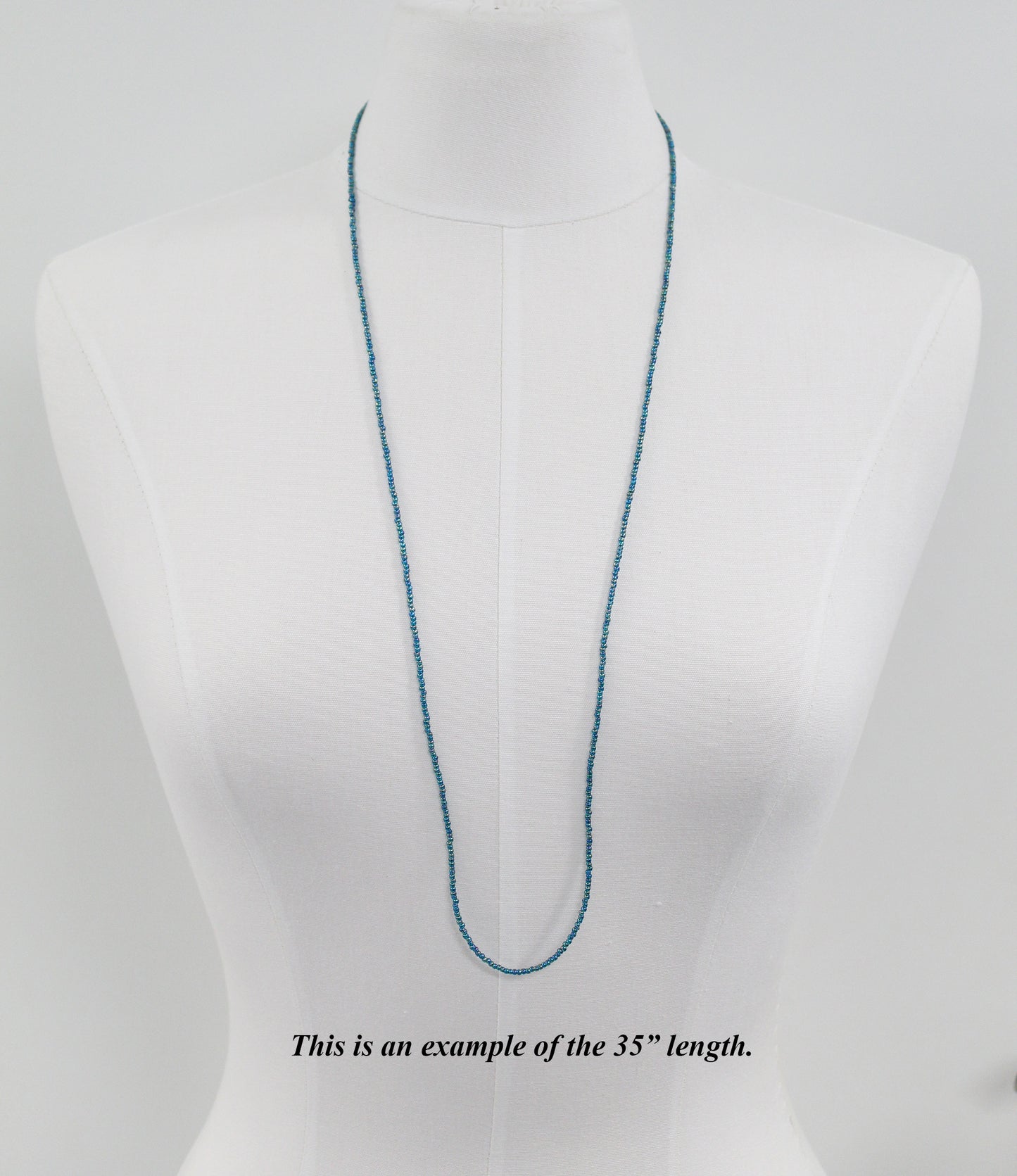 Transparent Rainbow Teal Seed Bead Necklace, Thin 1.5mm Single Strand