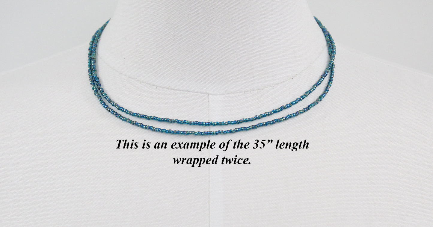 Transparent Rainbow Teal Seed Bead Necklace, Thin 1.5mm Single Strand