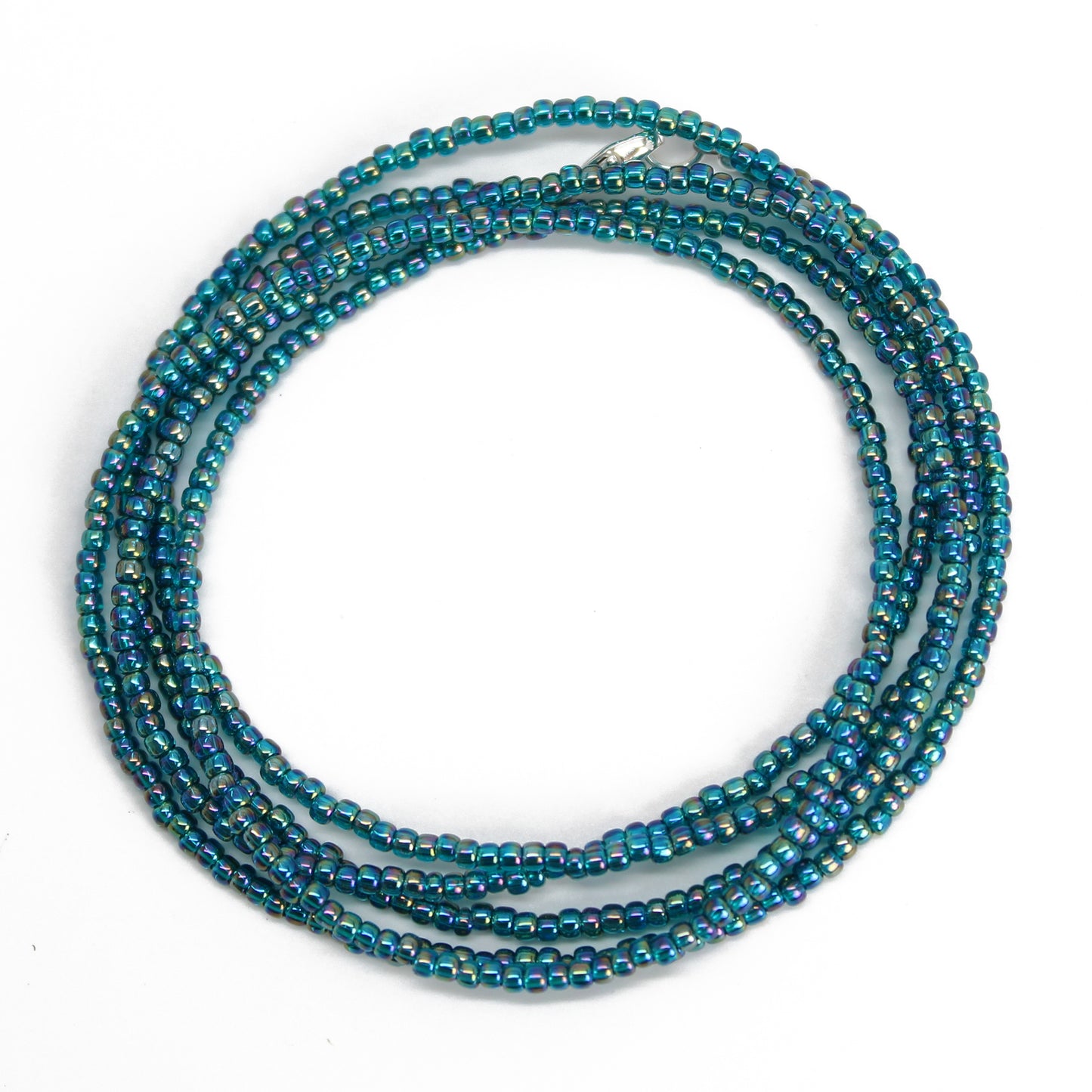 Transparent Rainbow Teal Seed Bead Necklace, Thin 1.5mm Single Strand
