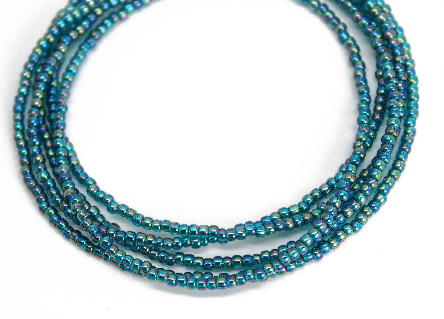 Transparent Rainbow Teal Seed Bead Necklace, Thin 1.5mm Single Strand