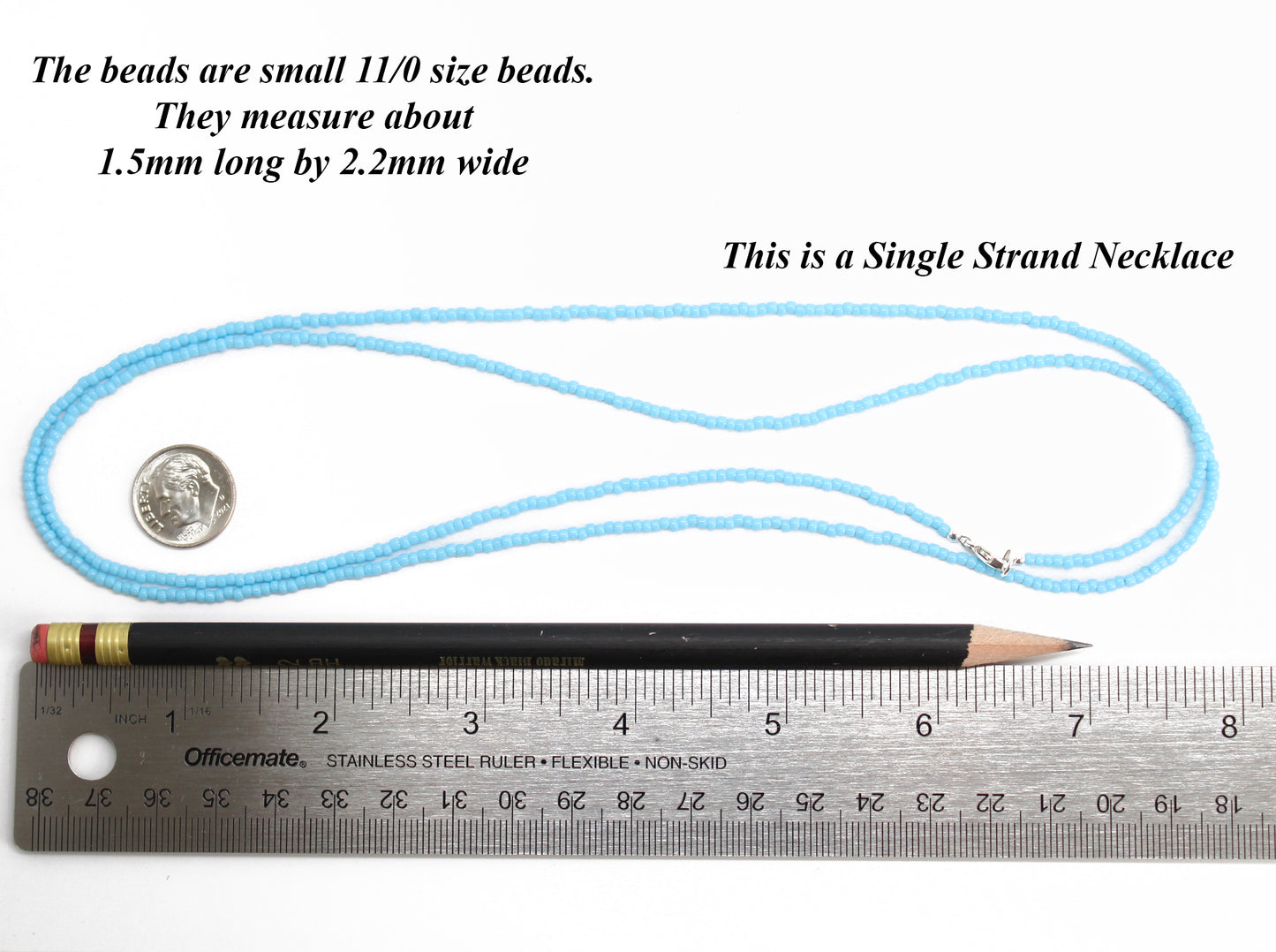 Turquoise Blue Seed Bead Necklace, Thin 1.5mm Single Strand