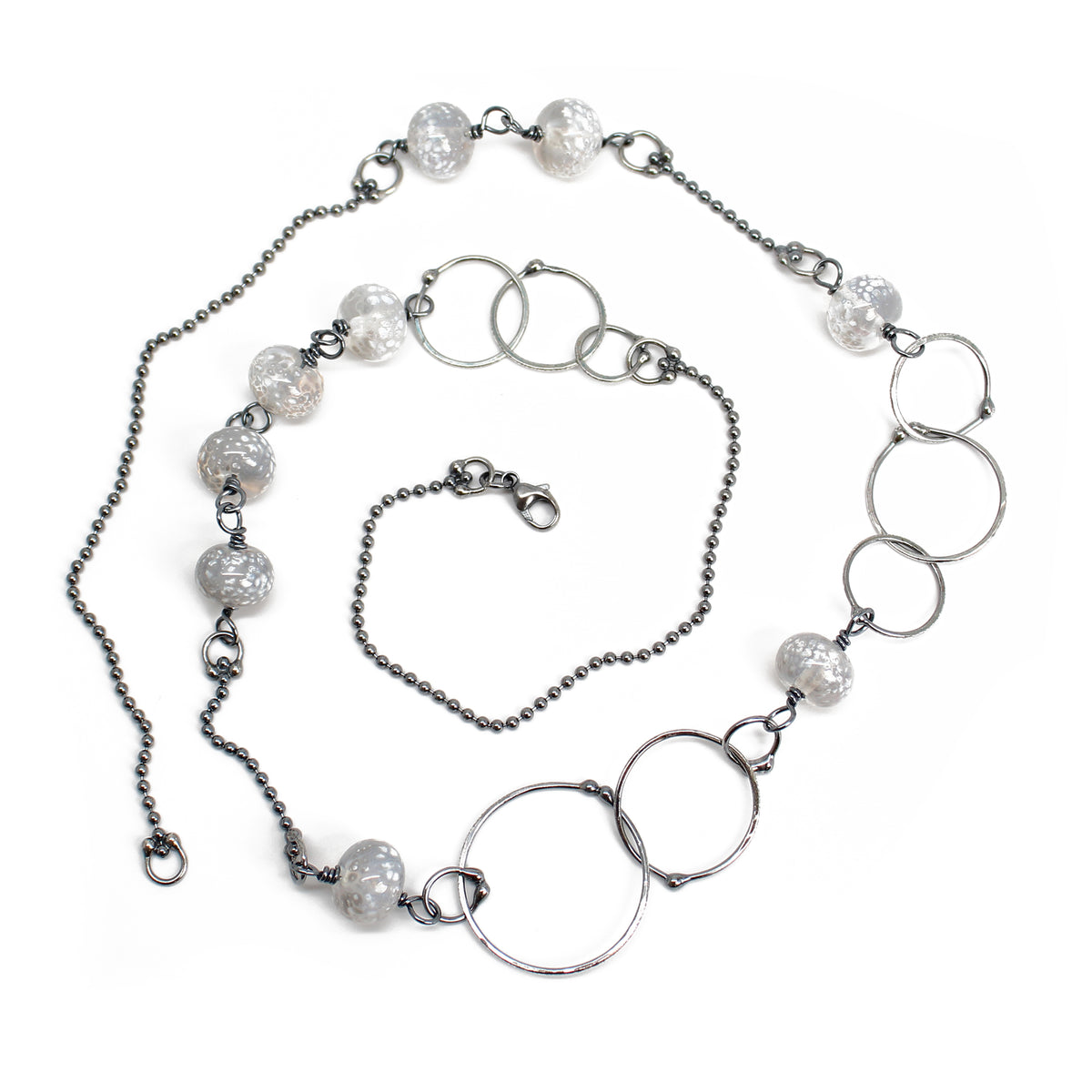 Handmade Sterling Silver Chain Necklace with White Lampwork Beads, 29.5 Inches