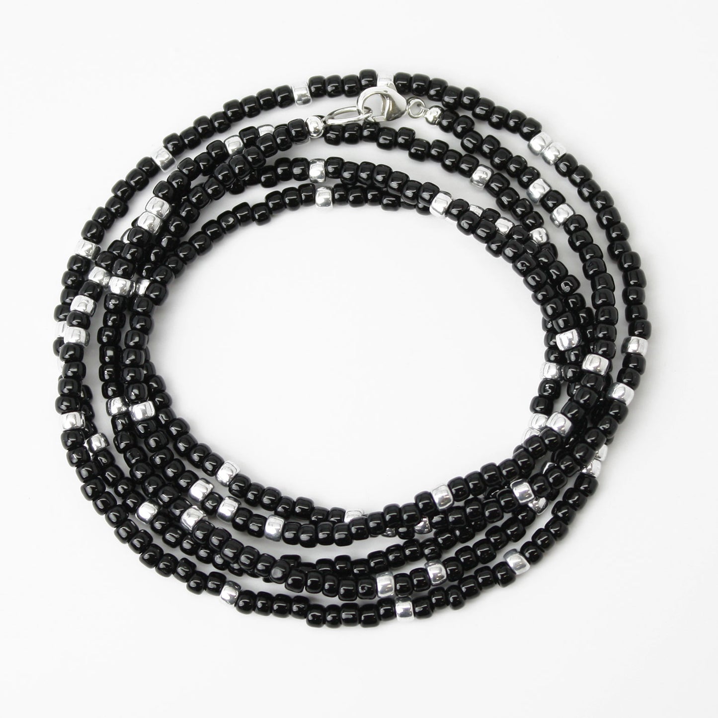 Black and Silver Seed Bead Necklace-Long-Single Strand-8/0 Beads