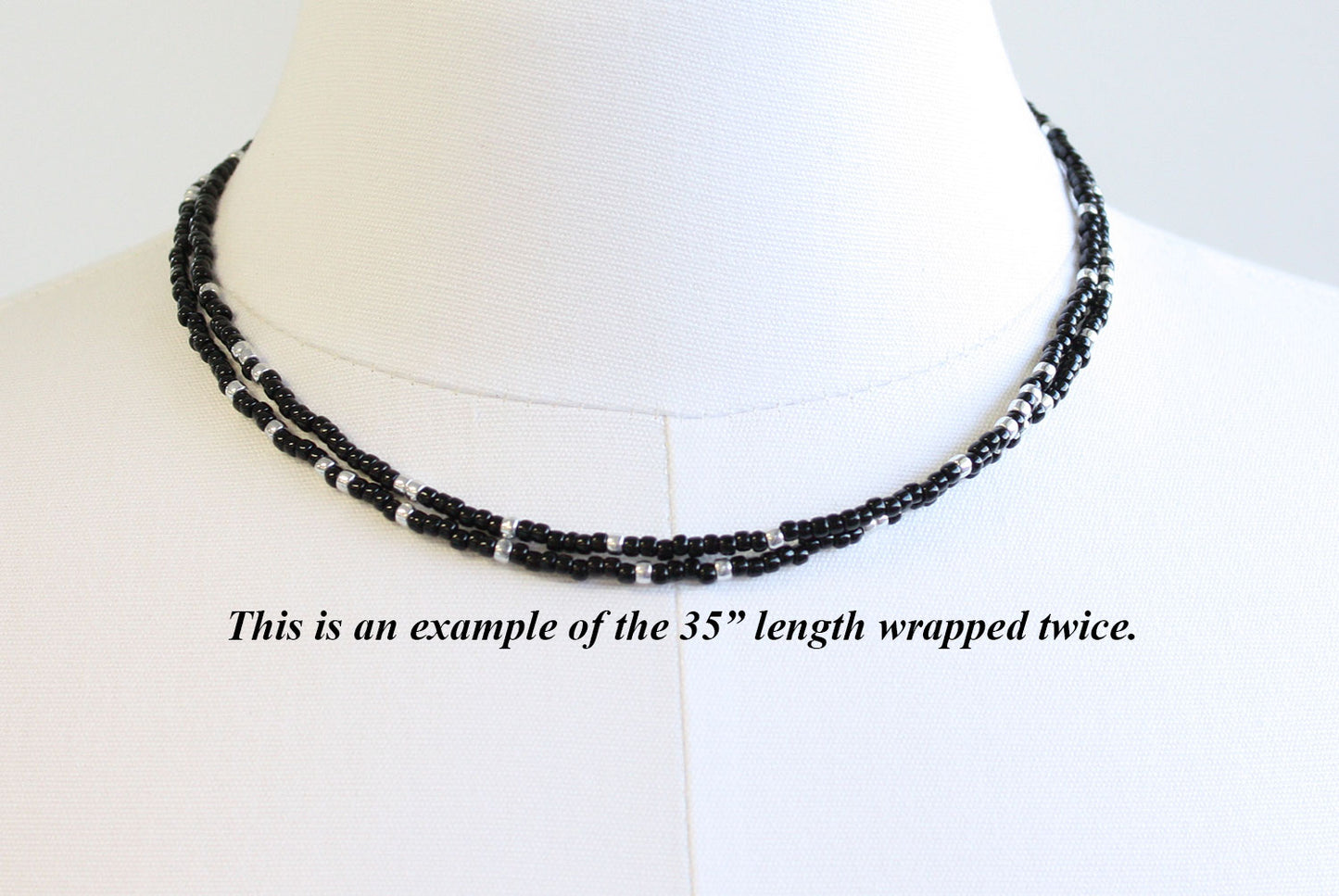 Black and Silver Seed Bead Necklace-Long-Single Strand-8/0 Beads