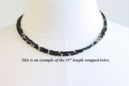 Black and Silver Seed Bead Necklace-Long-Single Strand-8/0 Beads