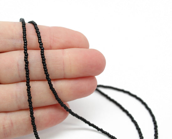 Handmade Black Seed Bead Necklace-Shiny Opaque-Single Strand
