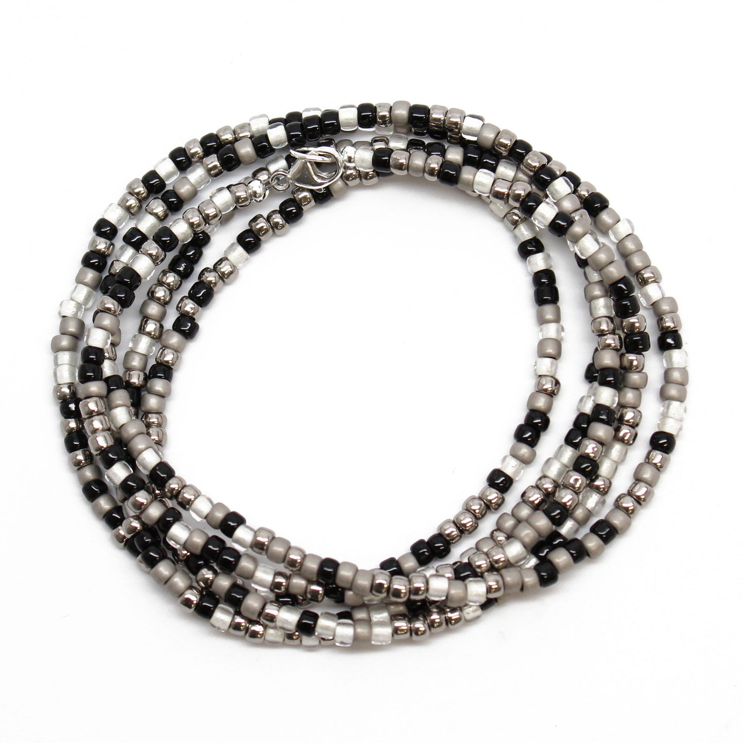 Black Silver & White Seed Bead Necklace-Single Strand