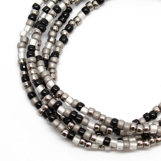 Black Silver & White Seed Bead Necklace-Single Strand