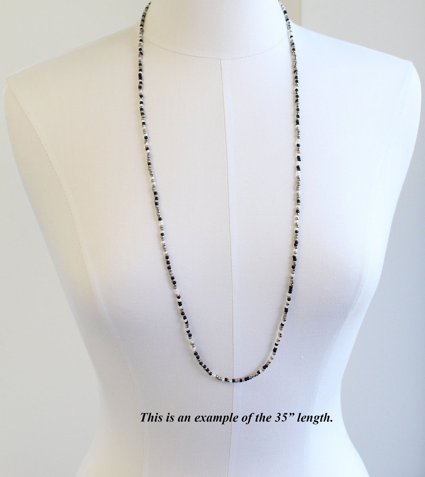 Long Black Silver & White Seed Bead Necklace
