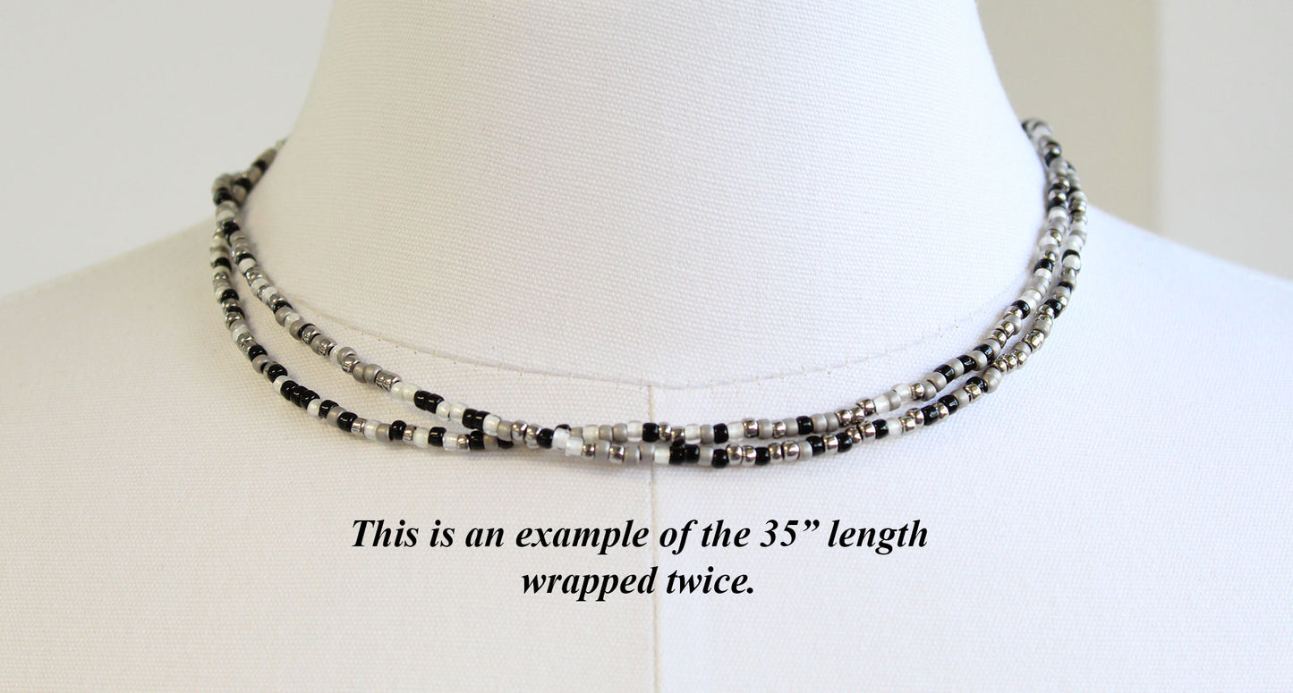 Short Black Silver & White Seed Bead Necklace