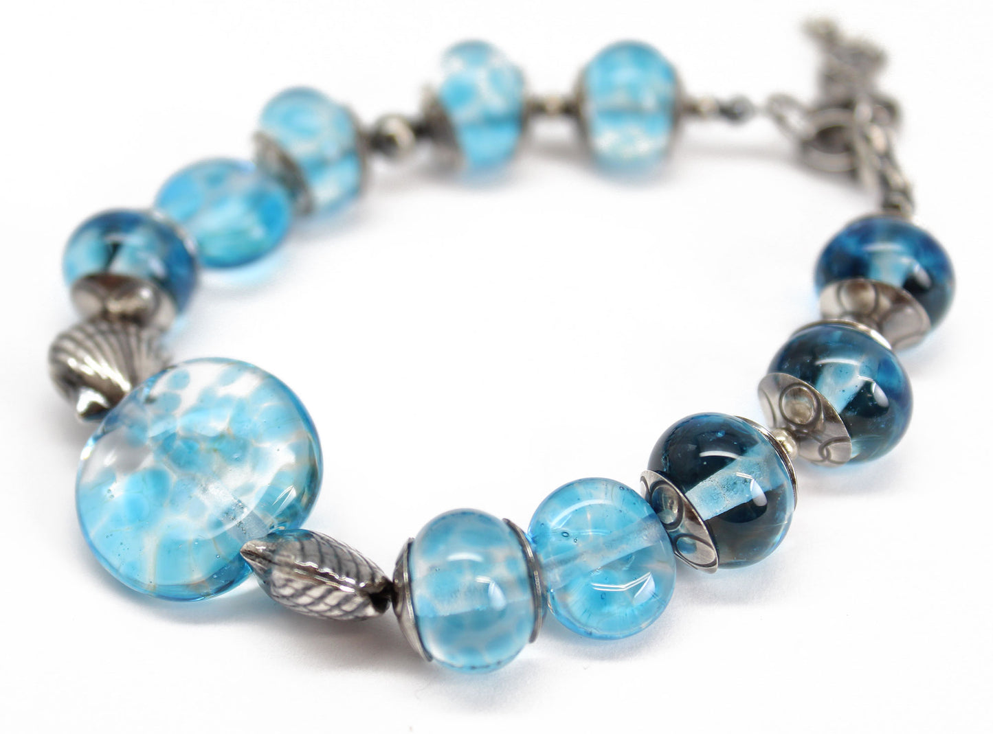 Blue Beaded Bracelet with Sterling Silver Shells
