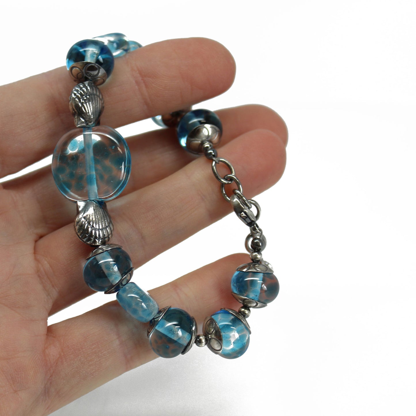 Handmade Blue Beaded Bracelet with Sterling Silver Shells