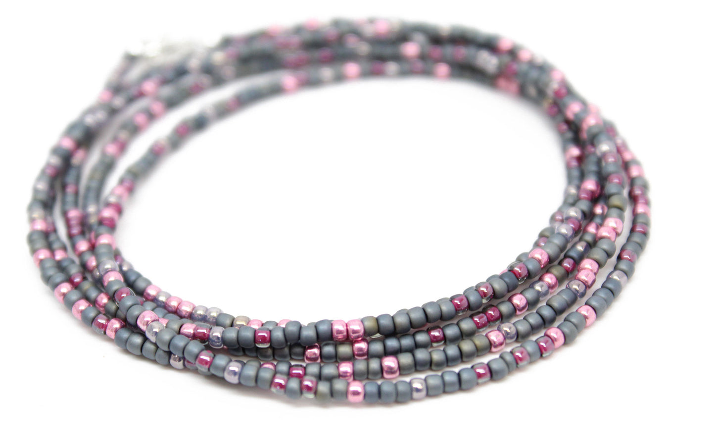 Grey and Pink Seed Bead Necklace-Single Strand