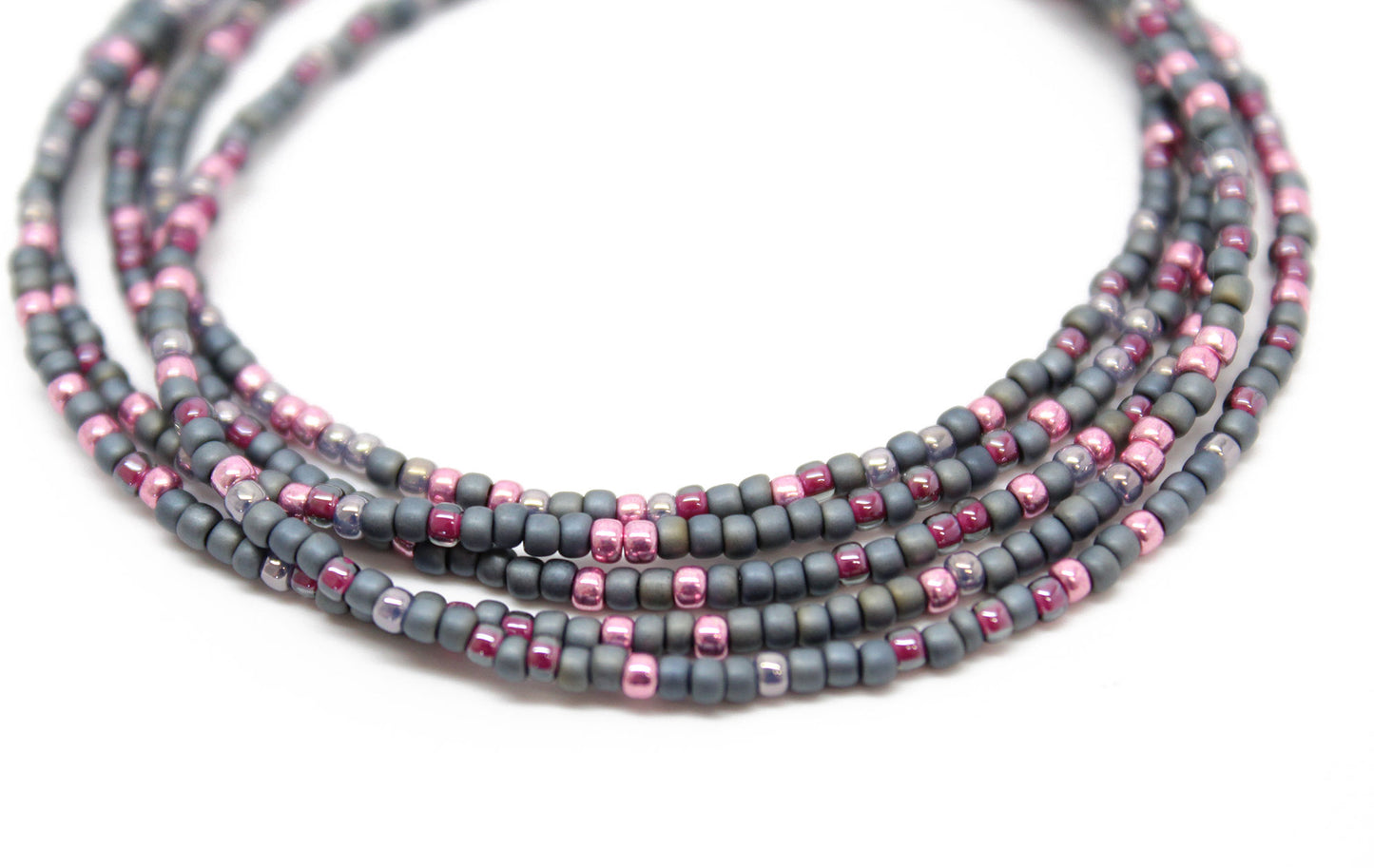 Grey and Pink Seed Bead Necklace-Single Strand