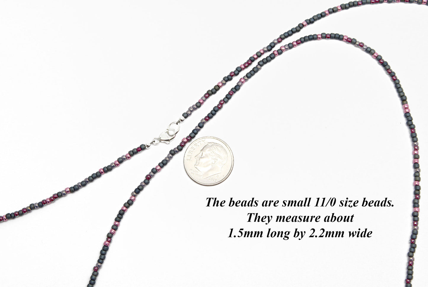 Grey and Pink Seed Bead Necklace, Thin 1.5mm Single Strand