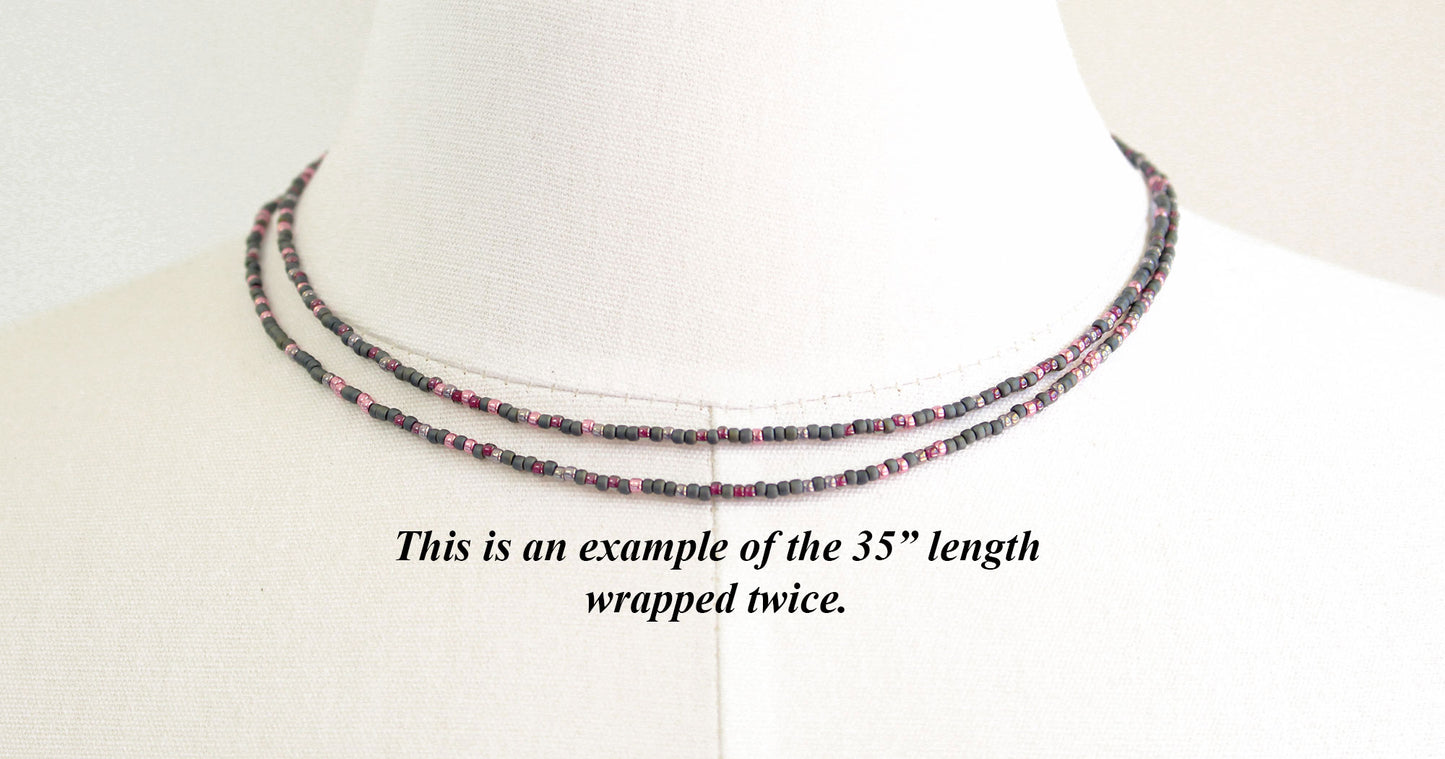 Grey and Pink Seed Bead Necklace-Single Strand
