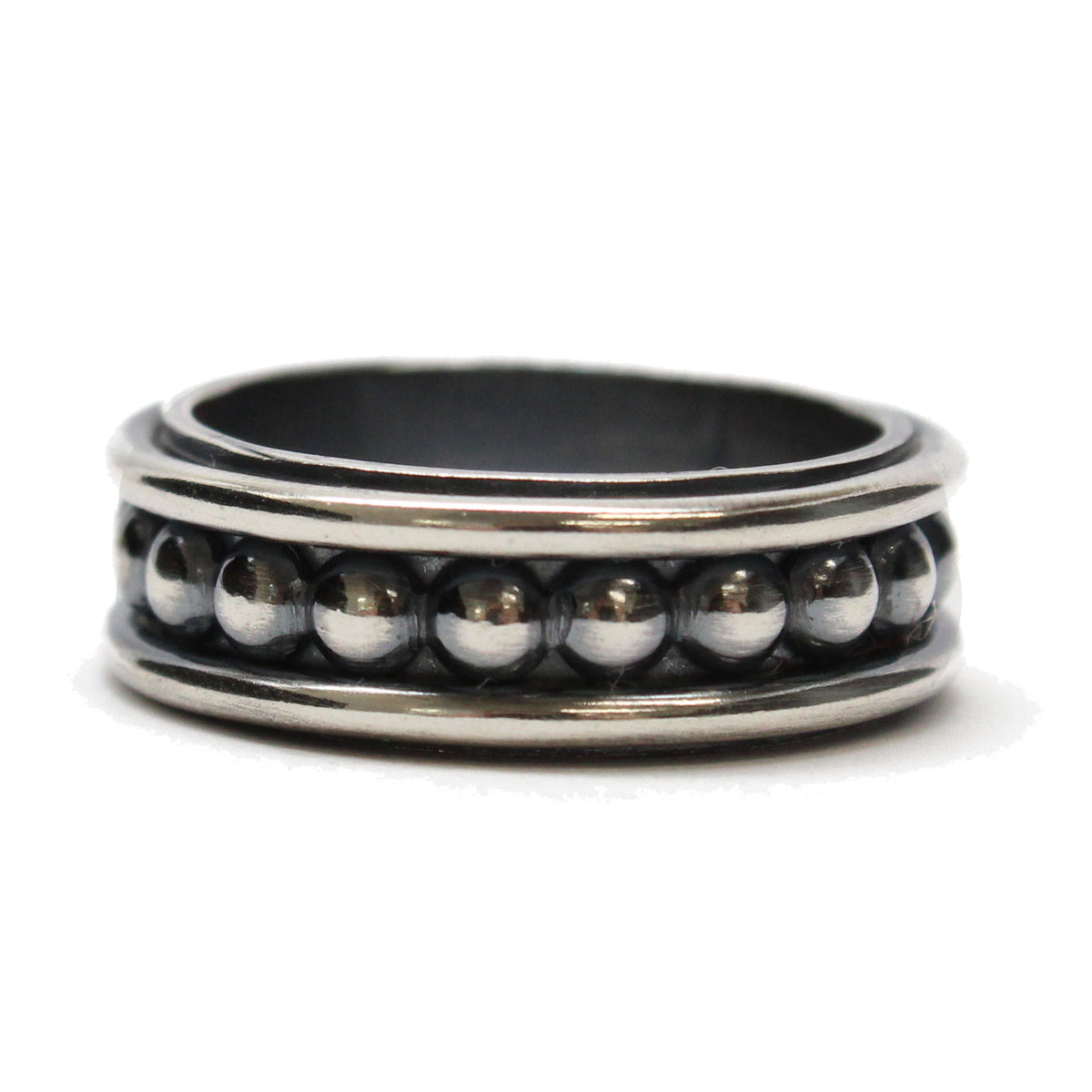 Black stitch silver wide ring
