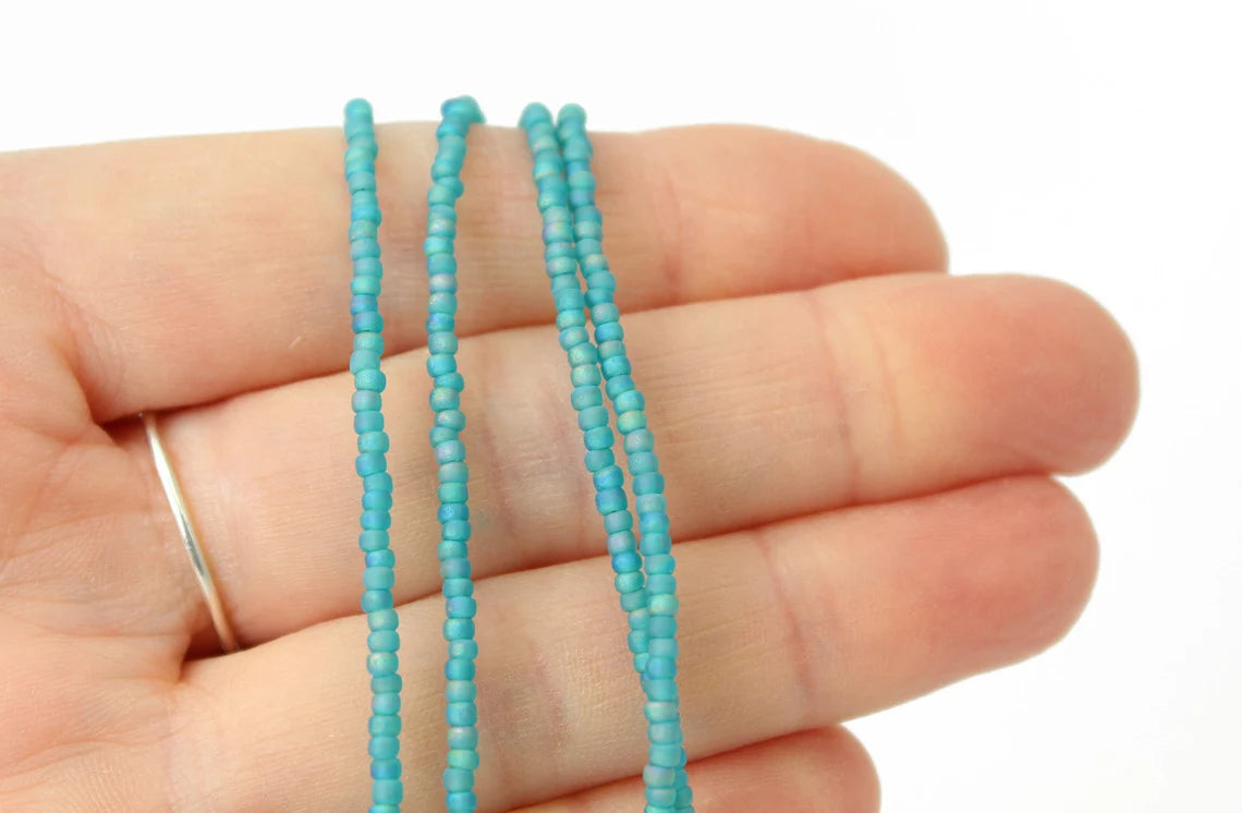 Matte Transparent Turquoise Seed Bead Necklace, Thin 1.5mm Single Strand