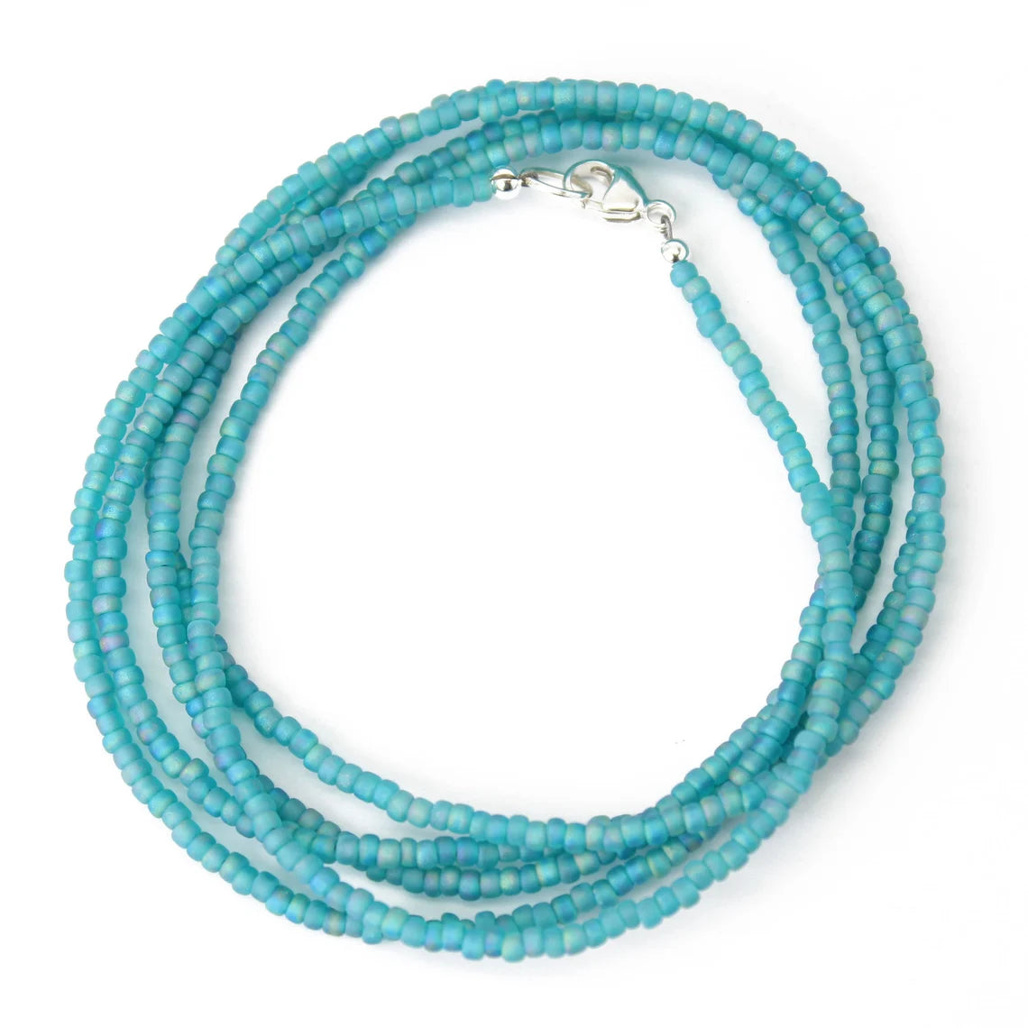 Matte Transparent Turquoise Seed Bead Necklace, Thin 1.5mm Single Strand