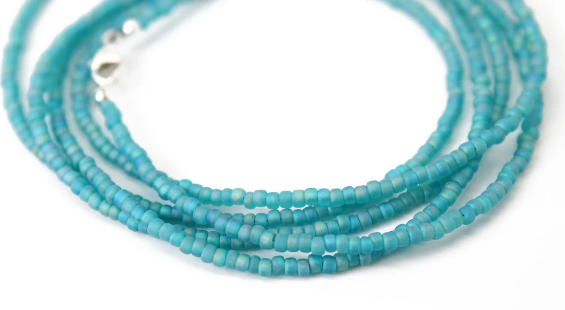 Matte Transparent Turquoise Seed Bead Necklace, Thin 1.5mm Single Strand