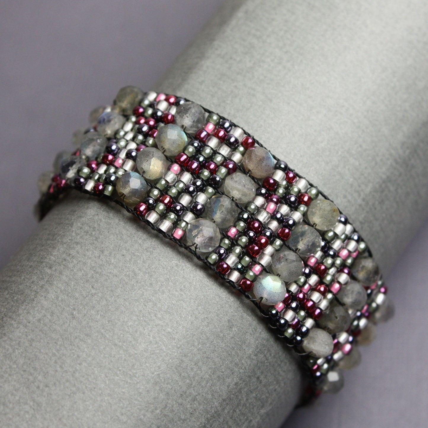 Labradorite and Seed Bead Bracelet-Silver Plated Clasp-6.63