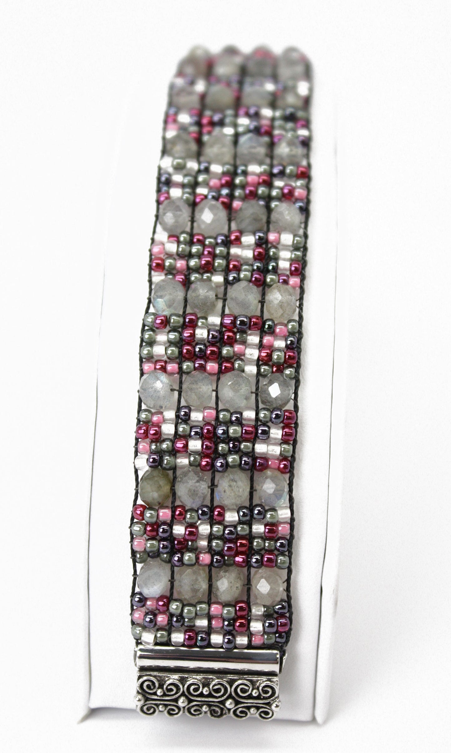 Labradorite and Seed Bead Bracelet-Silver Plated Clasp-6.63