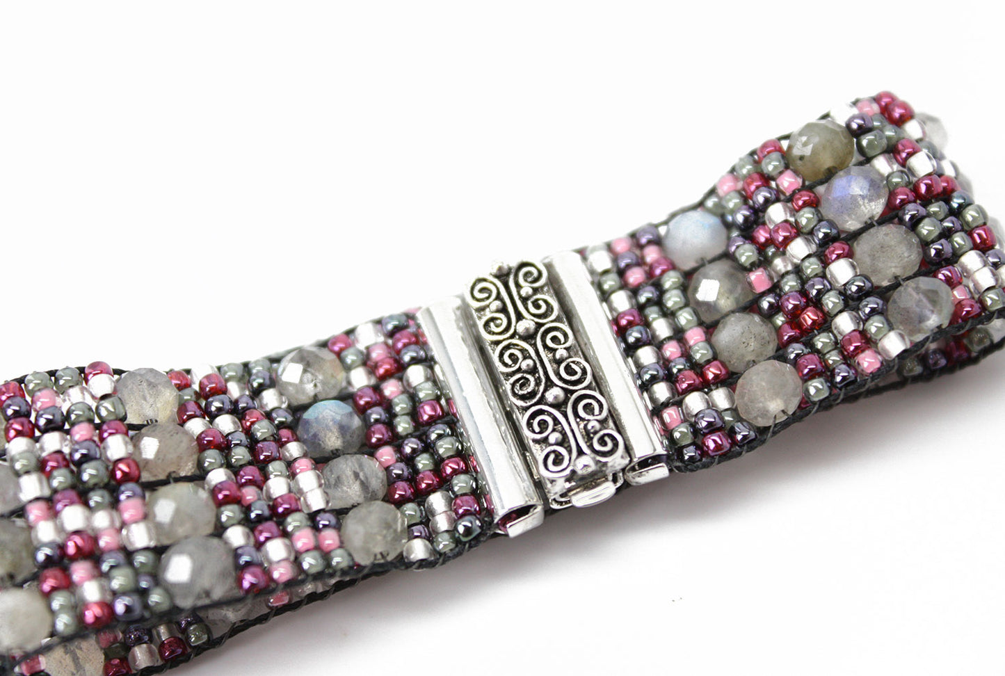 Labradorite and Seed Bead Bracelet-Silver Plated Clasp-6.63