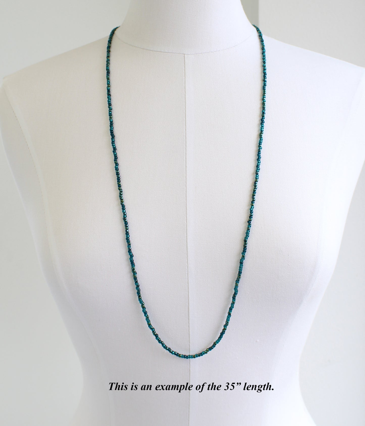 Long Metallic Teal Seed Bead Necklace