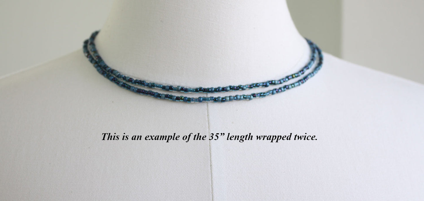 Blue Seed Bead Necklace Wrapped Twice