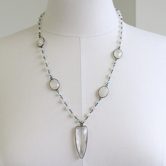 Rainbow Moonstone Necklace with Crystal Quartz Pendant