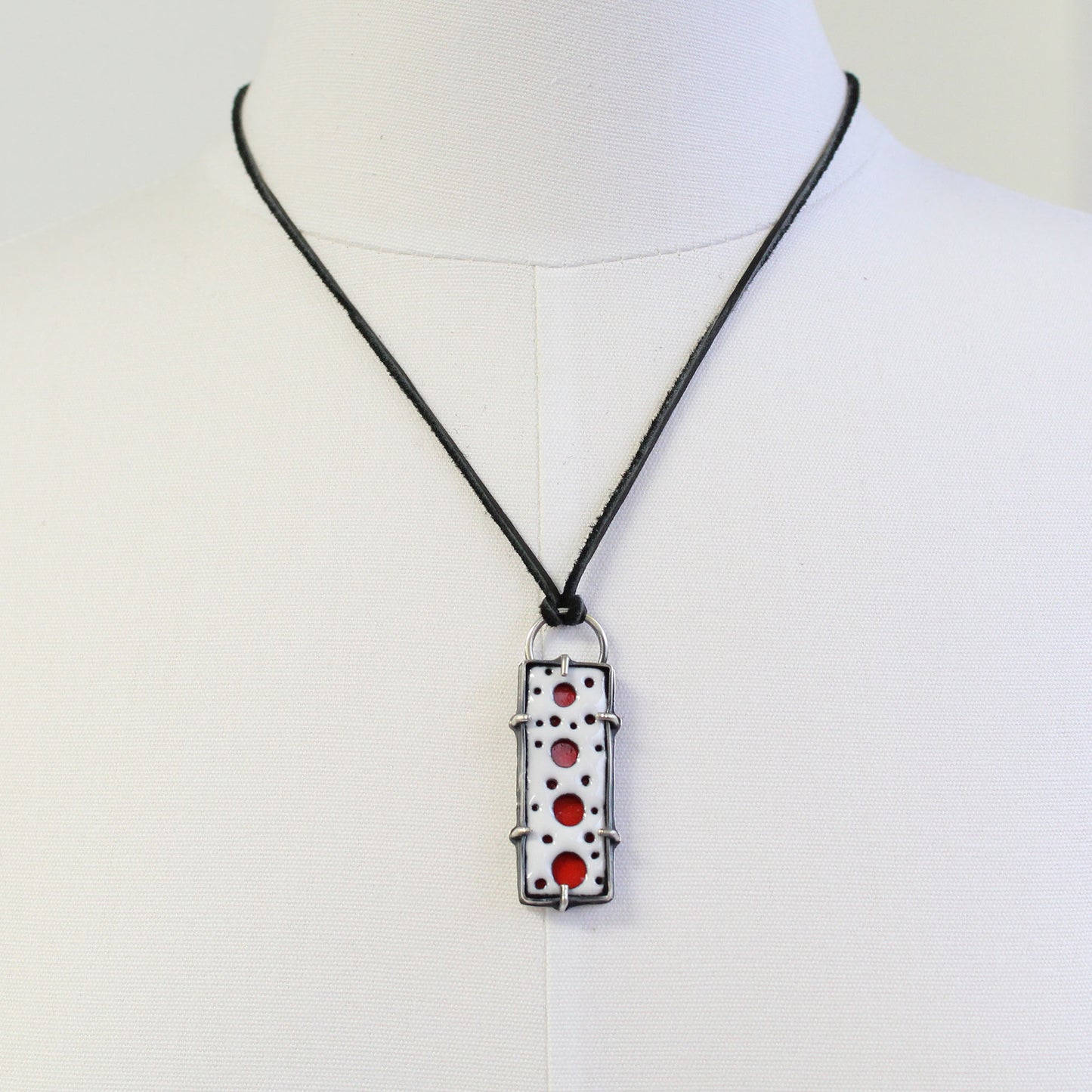 Rectangular Red and White Enamel Pendant in Sterling Silver