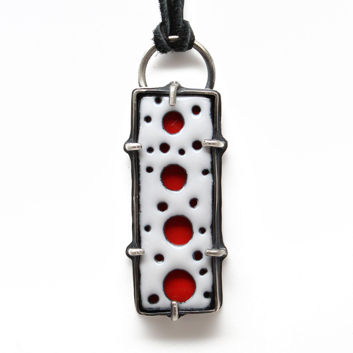 Rectangular Red and White Enamel Pendant