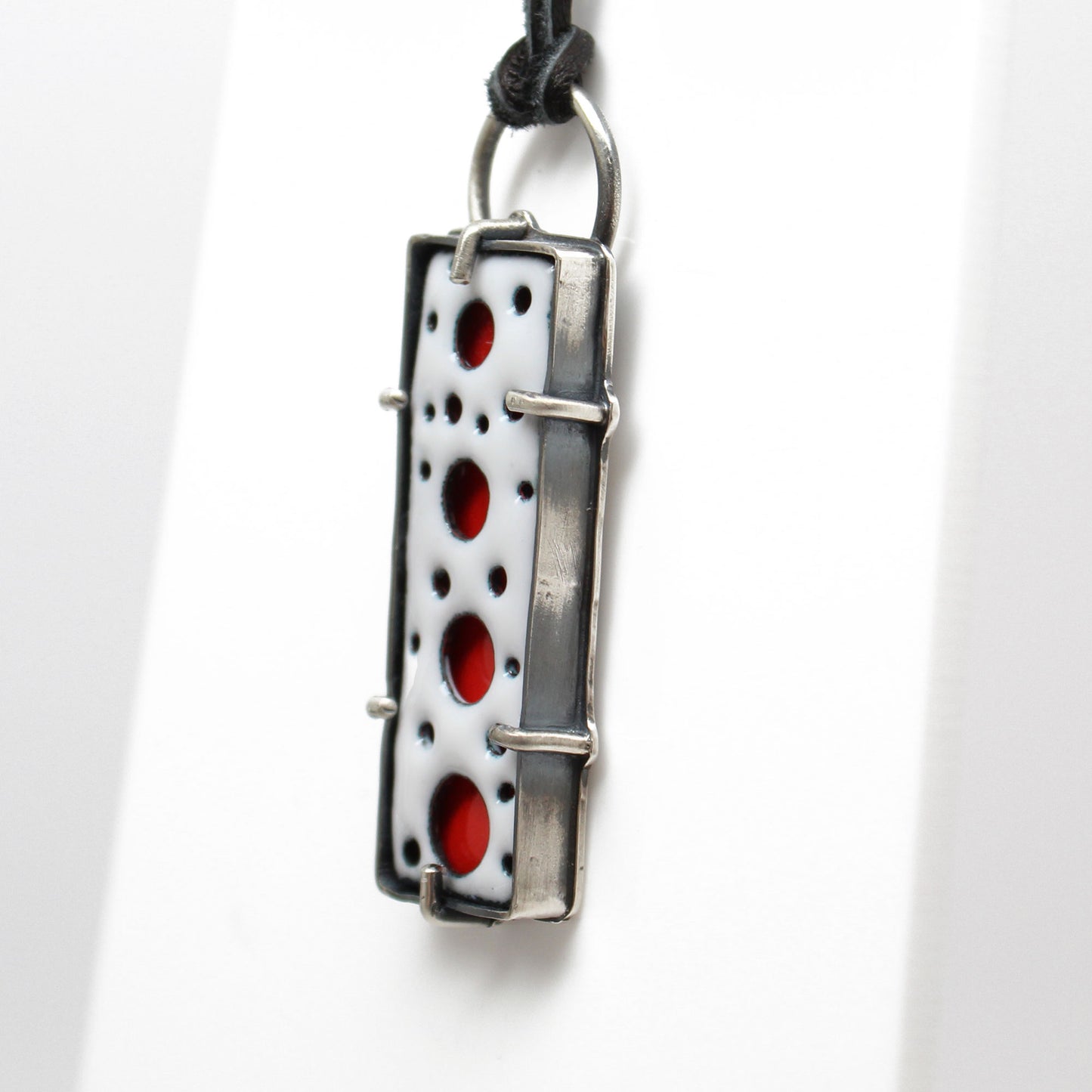 Rectangular Red and White Enamel Pendant in Sterling Silver