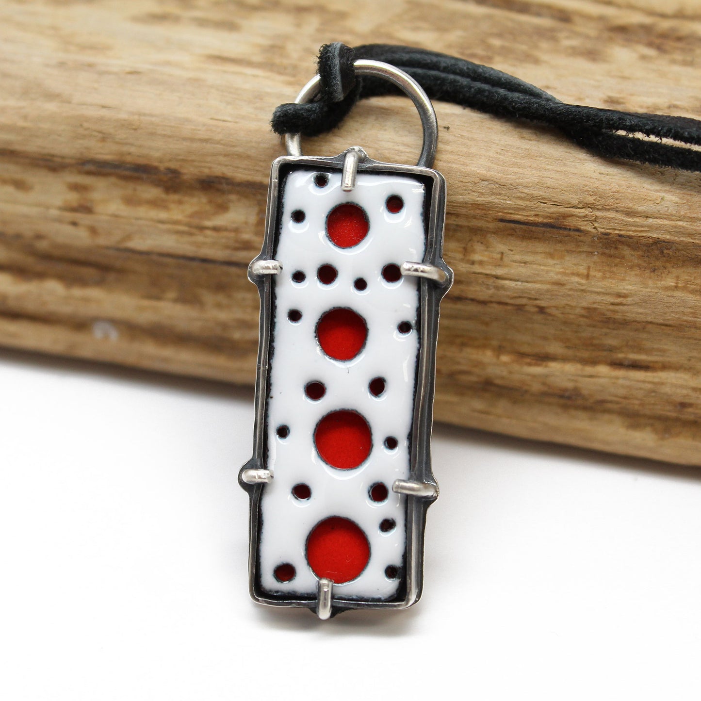 Rectangular Red and White Enamel Pendant in Sterling Silver