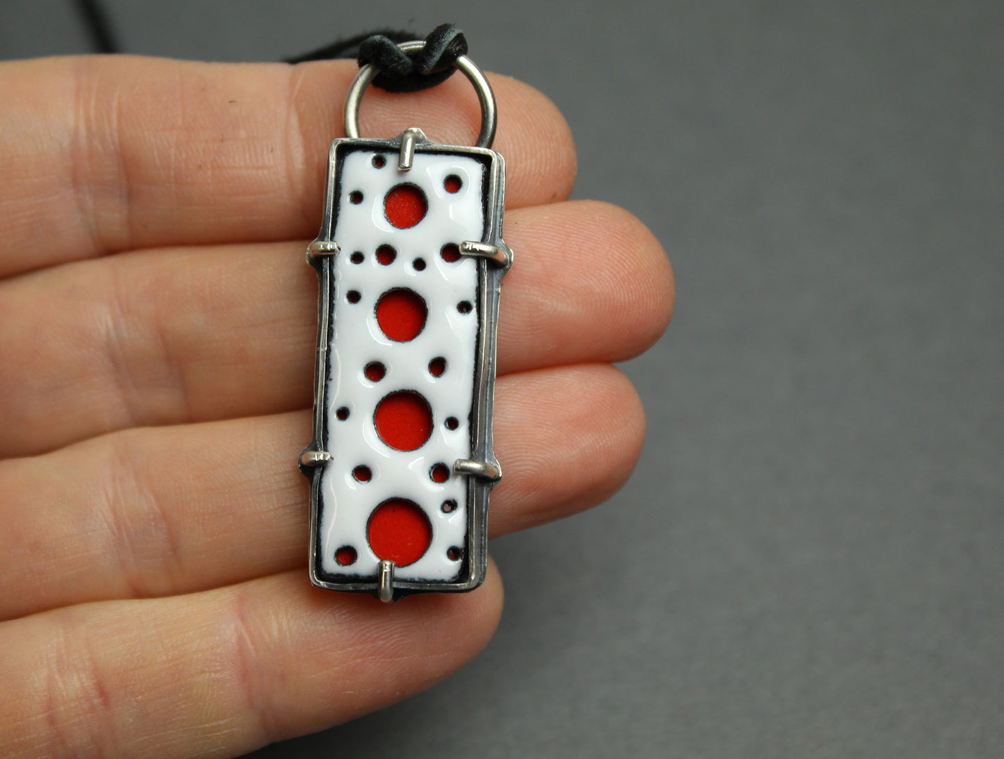 Handmade Rectangular Red and White Enamel Pendant