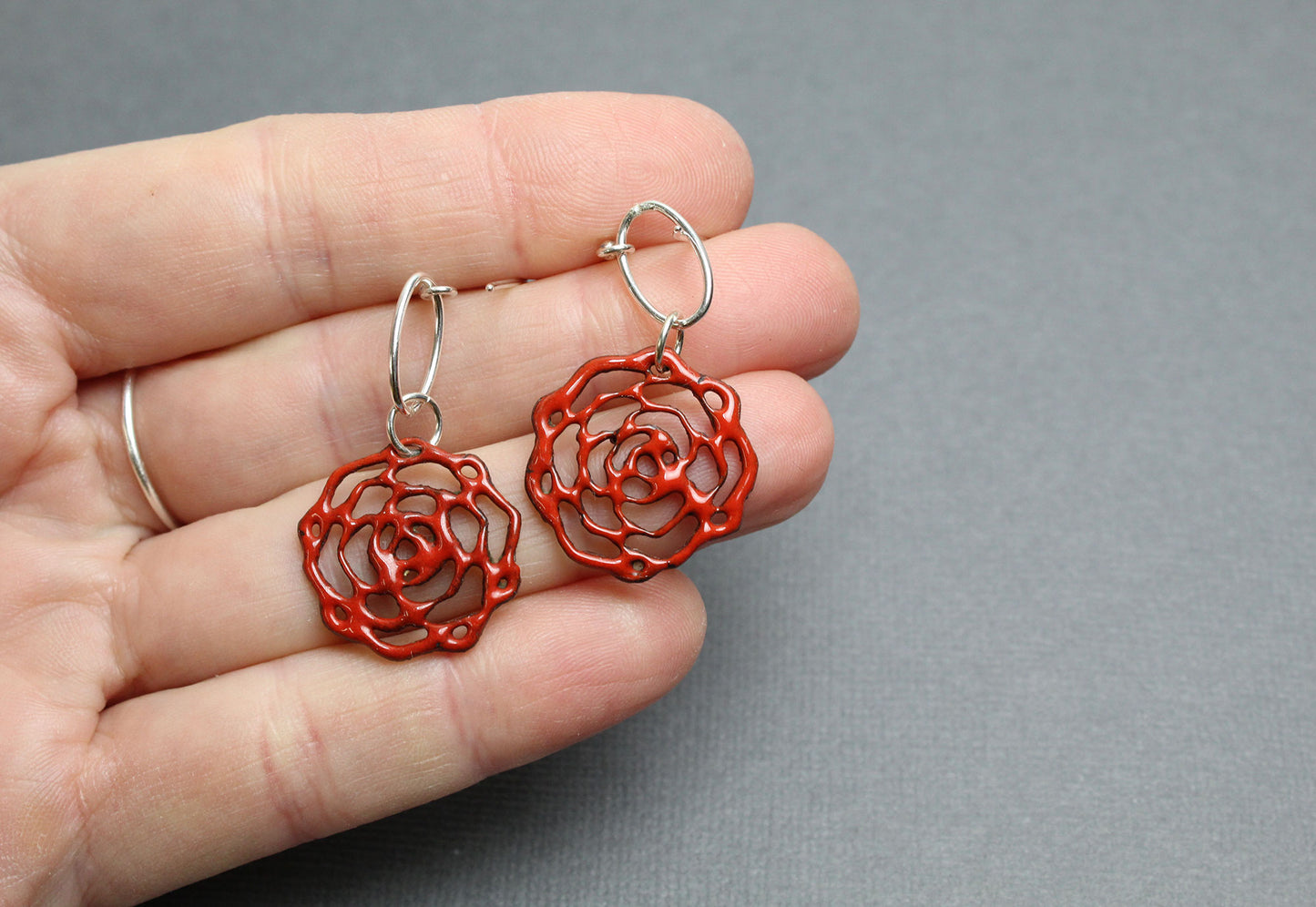 Red Enamel Flower Earrings With Sterling Silver Ear Wires