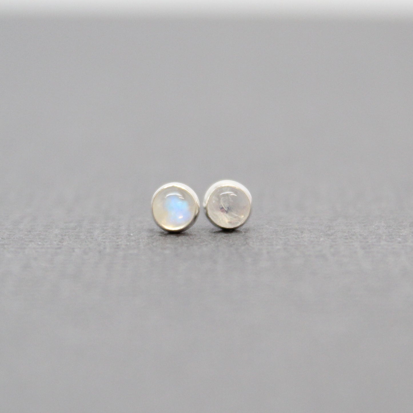 Tiny 3mm Moonstone Stud Earrings set in Sterling Silver