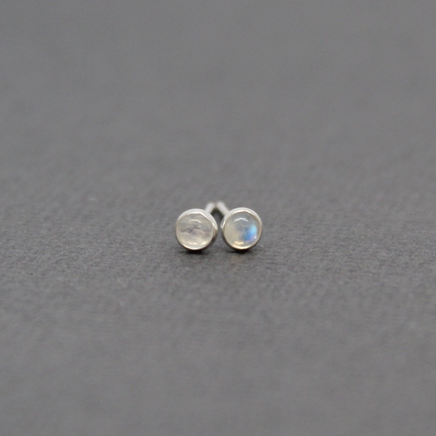 Tiny 3mm Moonstone Stud Earrings set in Sterling Silver